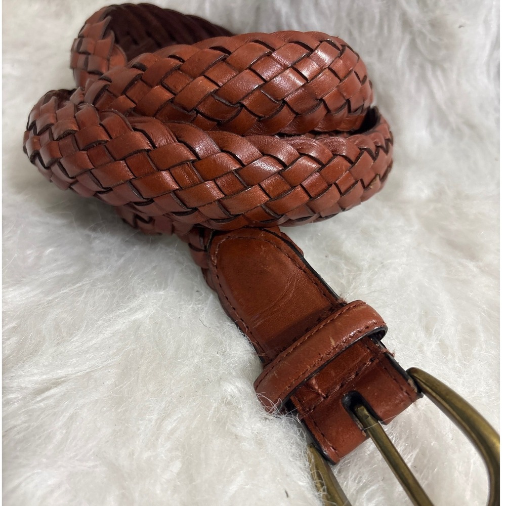Belt Mens 51 Braided Woven Brown Leather Brass Buckle Good Boho Casual